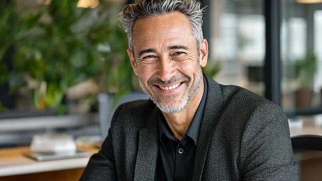 Gray-haired man smiles in office setting, dressed formally in suit