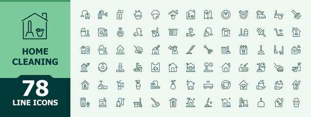 Home Cleaning icon set. Cleaning service icon collection. Minimal icons set. Related to laundry, washing, cleaning product, hygiene, wash and more. Editable stroke. Vector collection.