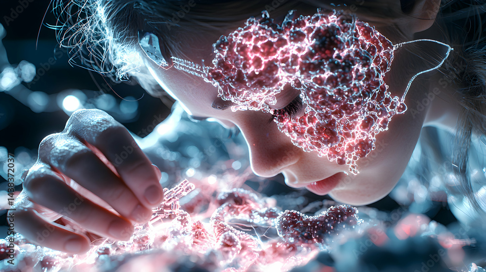 Aufkleber an artistic image of a woman interacting with glowing structures. suggests concepts like science ima