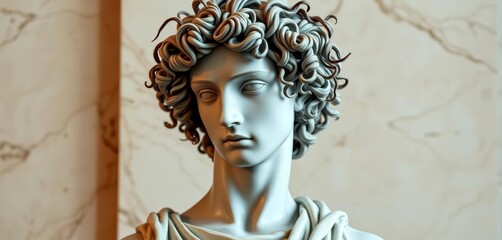 Classical pose, curly hair, marble backdrop, Renaissance bust,  fine art,  still life