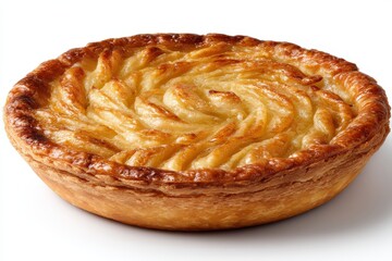Round tart with apple slice swirl forming elegant pattern on surface baked in soft crust and photographed isolated as gourmet dessert