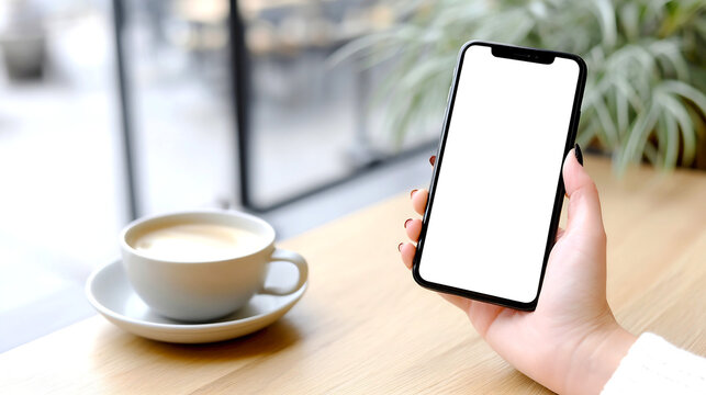 Modern smartphone held in a hand with a blank screen next to a cup of coffee on a wooden table ideal for lifestyle imagery : Generative AI - Powered by Adobe