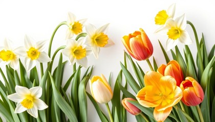 Obraz premium Elegant linear border of white daffodils and tulips, early spring floral ribbon design, floral border, daffodil