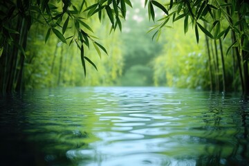 Serene bamboo forest reflected in calm water, creating a tranquil and peaceful scene.