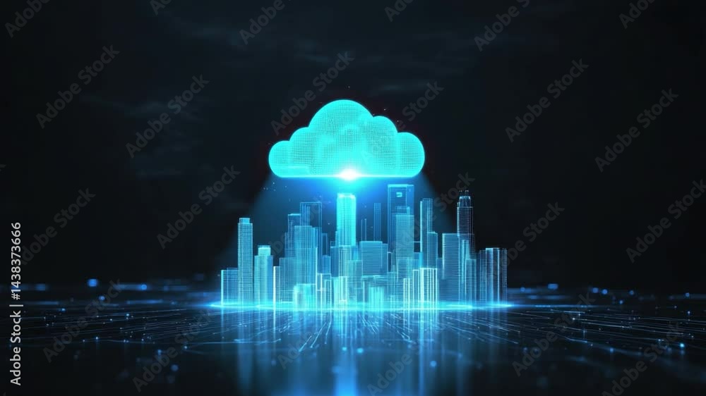 Poster futuristic cityscape with cloud computing concept in digital environment and neon glow effect