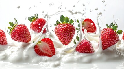 Collection of strawberries falling into yogurt, causing a creamy splash and milk droplets on white background.