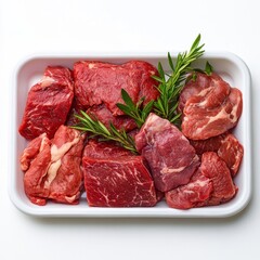 Fresh Cuts of Raw Beef: Assorted Steaks and Chunks with Rosemary, Ready to Cook, Presented on a White Tray, Offering a Variety of Protein Choices