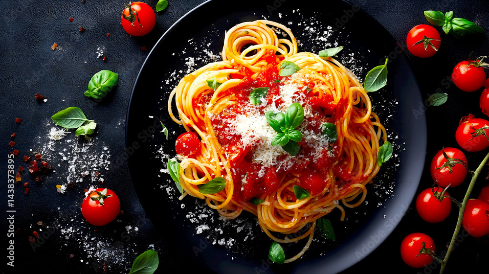 Poster delicious plate of spaghetti with tomatoes and fresh basil garnish ready to serve : generative ai
