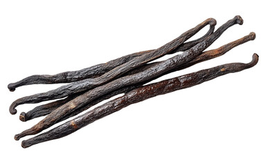 Bunch of vanilla beans are shown in a row on transparent or white background,png