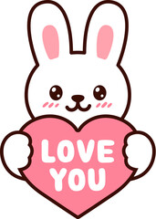 Obraz premium Funny cartoon white bunny holding pink heart saying Love You. Cute Valentine rabbit drawing, vector illustration.