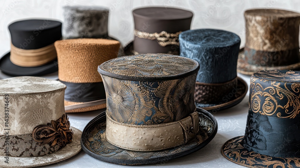 Poster collection of top hats with unique embossed patterns on white surface.