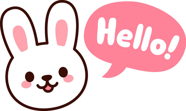 Cute cartoon white bunny with speech bubble saying Hello! Kawaii rabbit sticker drawing, vector illustration.