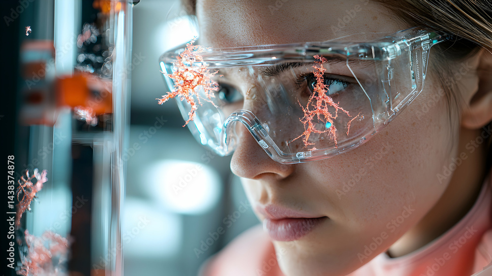 Poster a scientist wears protective eyewear in a lab. microscopic structures appear on the lenses. suggests