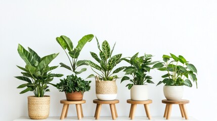 Obraz premium Collection of tropical plants in ceramic pots on wooden stools on white background.