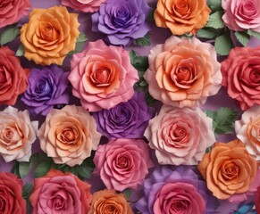 Naklejka premium Multi-sized paper roses, colorful gradient, floral arrangement, art, purple, handmade
