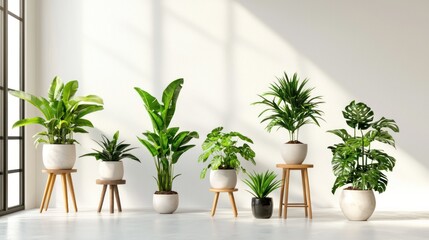 Fototapeta premium Collection of tropical plants in ceramic pots on wooden stools on white background.