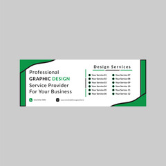 Facebook Cover Design Minimalist Professional Graphic Design Service Facebook, Banner Design Dark Green and White Text, List of Services, Contact Info, Clean Modern Layout on Light Gray Background