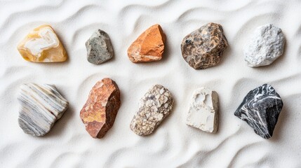 Collection of unique rock shapes placed in an artistic arrangement on a smooth sand surface on a white background