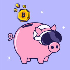 Cute cartoon virtual piggy bank drawing. Funny piggybank with VR glasses and bitcoin. Digital wallet, electronic transaction vector illustration.