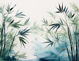 Fototapeta premium aquarel ink painting of flying bamboo leaves minimalist oriental brushwork light background generative ai