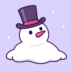 Cute cartoon melting snowman wearing top hat. Simple drawing, vector illustration.