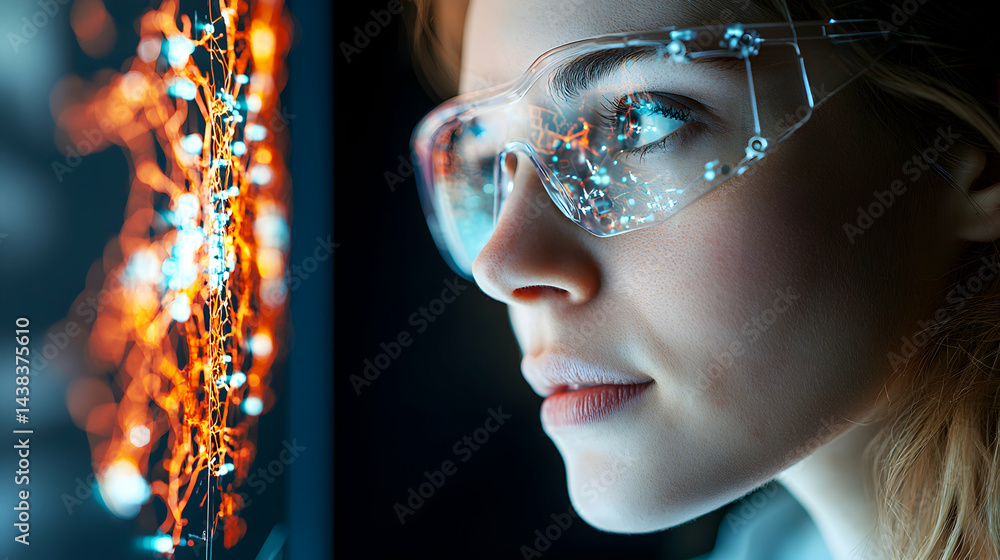Aufkleber a woman wearing futuristic glasses looking at data visualization. perfect for tech articles science 