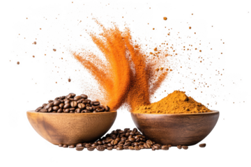 Coffee beans and turmeric powder isolated on transparent background