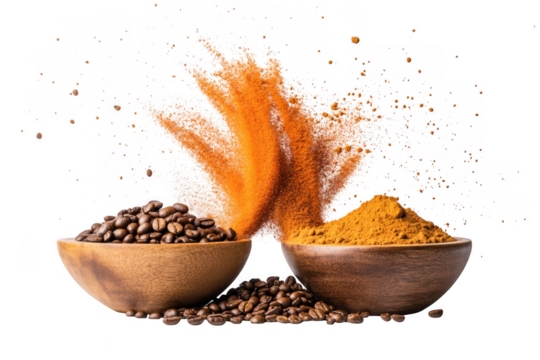 Coffee beans and turmeric powder isolated on transparent background