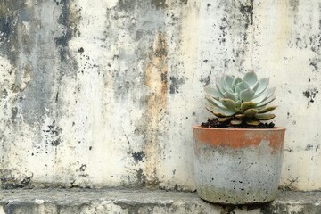 A succulent in a terracotta pot sits against a weathered, textured wall.