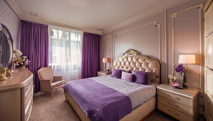 Fototapeta premium design of bedroom in retro style interior with retro furniture bedroom is decorated in beige and purple shades double bed wardrobe chest of drawers chair mirror windows with purple curtains