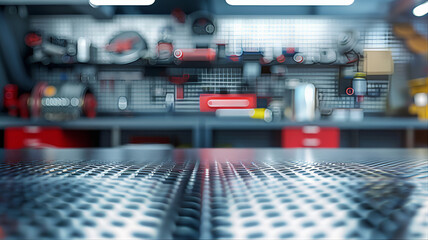 Metal work table metal surface. Automotive manufacturing background. Garage full of stuff auto repair background. Garage storage cabinets, car service center, mechanic work bench, tools background