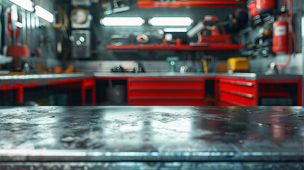 Metal work table metal surface. Automotive manufacturing background. Garage full of stuff auto repair background. Garage storage cabinets, car service center, mechanic work bench, tools background