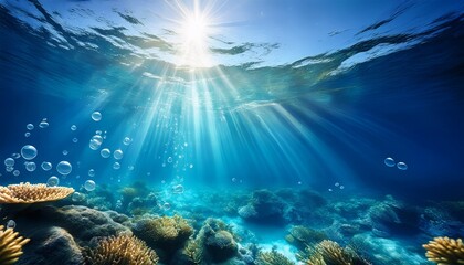Naklejka premium serene underwater scene with mesmerizing sunlight rays shimmering through the clear blue waters surrounded by floating bubbles and a sense of peaceful tranquility