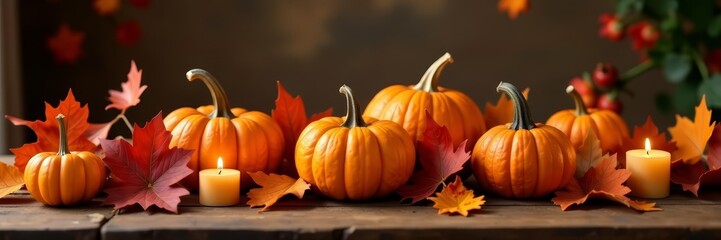 Festive autumn table centerpiece with decorative orange pumpkins, candles, and fall leaves, decor, symbol, cozy