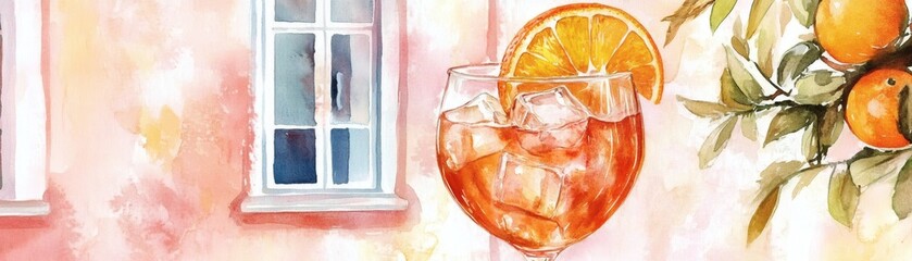 A refreshing cocktail with an orange slice, set against the backdrop of a building. The image exudes a sense of relaxation and enjoyment, perfect for those looking for a taste of summer