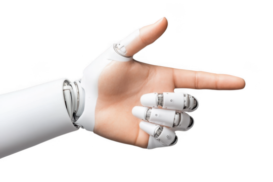Robotic hand pointing isolated on transparent background
