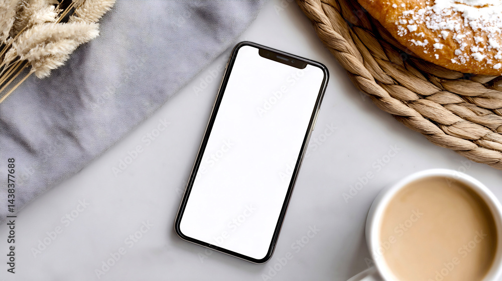 Poster Minimalist workspace with smartphone coffee cup and baked good on a soft table surface : Generative AI
