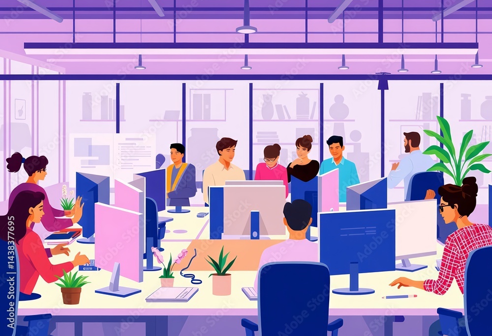 Poster flat vector illustration of diverse office workers interacting and using computers in a modern works