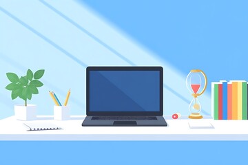 A white desk with an open laptop, blue background, books and stationery to the right of the screen.