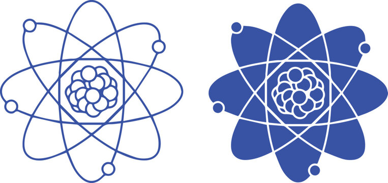 Atomic symbol, nucleus and electron orbits, stylized scientific illustration, blue and white color scheme, minimalist design, symmetrical composition, vector graphic style