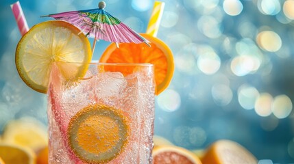 A close-up of a refreshing tropical cocktail with citrus slices, ice, and a colorful umbrella, perfect summer vibe