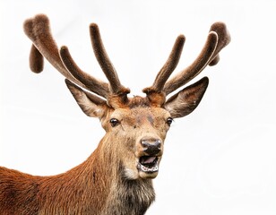 Fototapeta premium bright red antlered deer with playful expression on white background