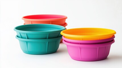 Colorful collapsible silicone pet food bowls on white background.