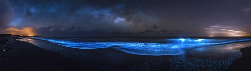 Fototapeta premium A captivating nighttime scene with a bioluminescent ocean glowing in mesmerizing blue hues. This surreal display of natural beauty under the dark sky creates an enchanting atmosphere.
