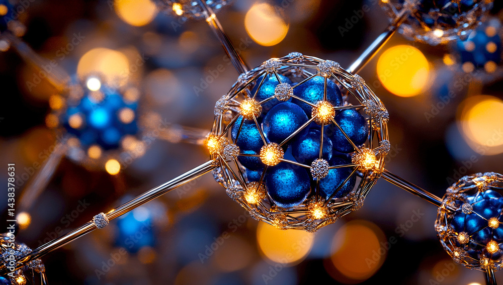 Poster closeup of a detailed molecular structure illustrating atoms connected by energy with vibrant colors