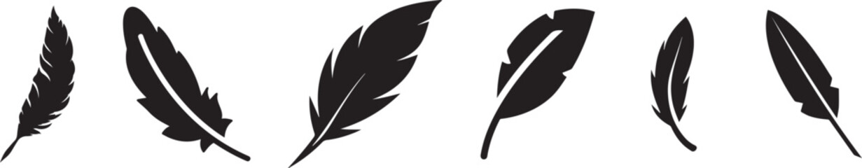 Black feathers, detailed illustration, silhouette, vector art, quill pen designs, bird plumage, isolated on white background, elegant ink drawings, nature-inspired graphics