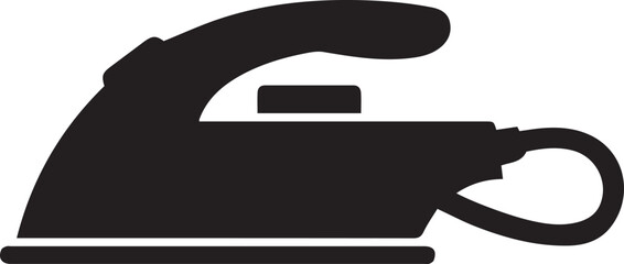 Silhouette, iron, household appliance, black and white, minimalist design, simplified shape, smooth curves, compact form, graphic icon, laundry symbol, flat vector illustration