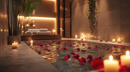 A luxurious spa room with candles, flower petals in water, and ambient lighting, relaxing environment