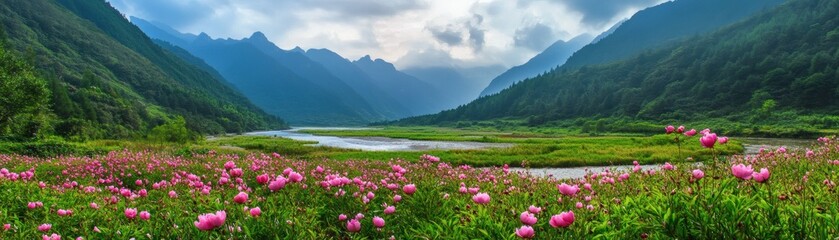 Obraz premium A panoramic view of a serene valley featuring a river, mountains, and blossoming flowers