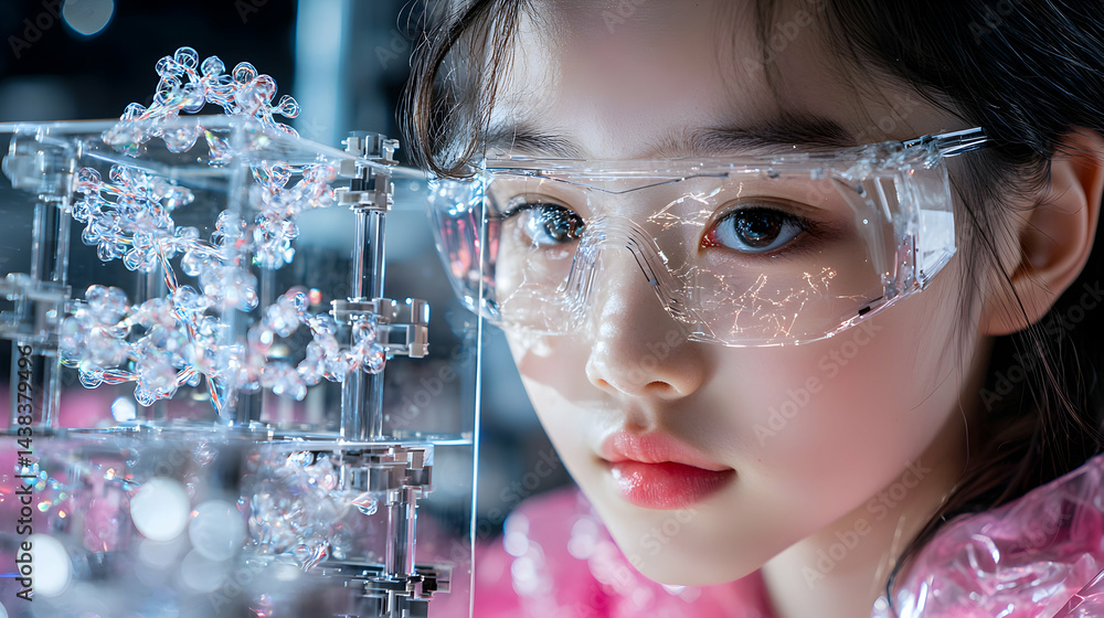 Poster a young person in futuristic goggles examines a molecular structure. use this image for science lab 